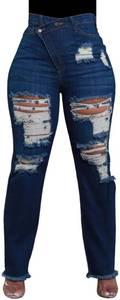 lot 20299 image: HugeNice Straight Leg Jeans for Women High Waisted Stretchy Ripped Jeans Trendy Raw Hem Destroyed Y2k Denim Pants(93Dark Blue,X-Large)