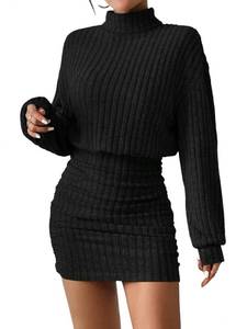 lot 20300 image: Womens Pullover Sweater Dress Long Lantern Sleeve Turtle Neck Cute Ribbed Knit Bodycon Mini Short Dress Fall 2025-Black-L