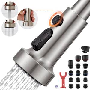 lot 20303 image: TIORIY with 15 Adapters Pull Down Kitchen Sink Faucet Head Replacement, 3 Functions Plastic Kitchen Sink Sprayer Nozzle Replacement for Kitchen Faucet, Pause Mode (Brushed Nickel)