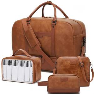 lot 20366 image: Wogarl Weekender Bag for Women 4PCS Faux Leather Large Overnight Travel Duffel with Shoe Compartment & Toiletry Satchel Bags Carry On Duffle Fit 21 Laptop (Light Brown)