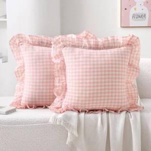 lot 20382 image: K MASANIJI 2 Pack Blush White Plaid Ruffle Gingham Throw Pillow Covers, 100% Washed Cotton Checkered Farmhouse Decorative Pillow Shams for BedSofa - 18x18