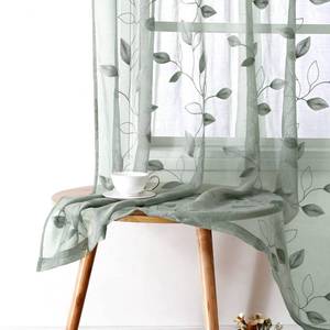 lot 20384 image: HOMEIDEAS Sage Green Sheer Curtains 52 X 84 Inches Long 2 Panels Embroidered Leaf Pattern Pocket Faux Linen Floral Semi Sheer Voile Window CurtainsDrapes for Bedroom Living Room
