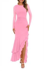 lot 20398 image: BTFBM Womens Maxi Dresses Fall 2025 Long Sleeve Ruched Bodycon Solid Ruffle Mermaid Cocktail Wedding Guest Dress(Pink,X-Large)