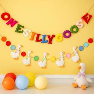 lot 20406 image: Oudain 2 Pieces One Silly Goose Banner Felt Baby Shower Garland Pre Assembled 1st Birthday Decorations Hanging Banner with Felt Pom Poms for Birthday Party Decoration Photo Prop