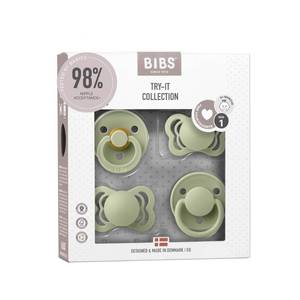 lot 20417 image: BIBS Try-It Collection  4-Pack Soothers  BPA-Free Round, Anatomical & Symmetrical Nipple  Natural Rubber LatexSilicone  Made in Denmark  0-6 Months  Sage
