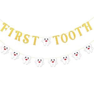 lot 20428 image: Pre-Strung Tooth Theme Banner Decorations, Gold Glitter Letter Garland with Tooth-Shaped Hanging Decor for Dental Clinic, Oral Health Events, Graduation and Party Display