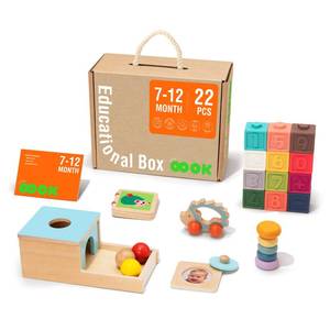 lot 1109 image: TOOKYLAND Montessori Toys for Babies 6-12 Months, 7 in 1 Learning Educational Set Wooden Toys (Includes Baby Rattle, Object Permanence Box, Wooden Book, Teething Toy and More)
