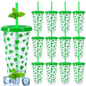 lot 1110 image: FYSUIMU 12 Pcs St. Patricks Day Shamrock Plastic Tumblers with Lids Straws Reusable Cups 24oz Green Irish Clover Clear Travel Mug Cups for Iced Coffee Beverage Drinks Party Supplies