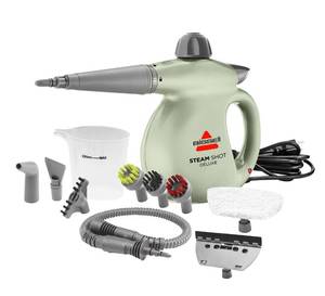 lot 1122 image: BISSELL Steam Shot Deluxe handheld pressurized steamer for maintenance cleaning with 10 cleaning tools