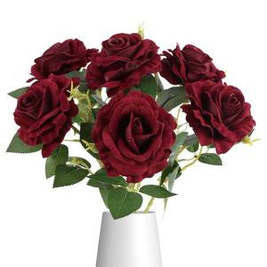 lot 1126 image: ICBOX 6Pcs Dark Red Roses Artificial Flowers Real Touch Velvet Roses Realistic Faux Roses with Stems for Wedding Bridal Bouquet Home Party Garden Outdoor Decoration(Burgundy)