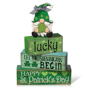 lot 2318 image: Moucuny 4 Pcs St. Patricks Day Table Decoration Irish Tiered Tray Decor Wooden Gnome Shamrocks Block Signs Happy St. Patricks Day Centerpiece for Tables Irish Wooden Sign for Home Decor
