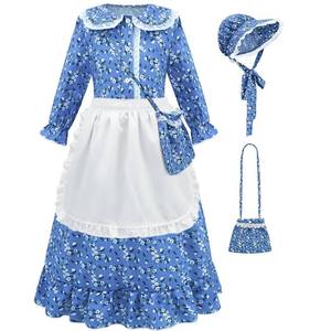 lot 2328 image: RSOEUG Girls Pioneer Colonial Costume Pioneer Outfit for Kids Floral Prairie Dress with Bonnet, Apron and Purses (Blue, 10-12T)