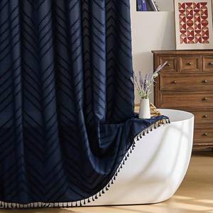 lot 2357 image: Siiluminisoy Navy Blue Shower Curtain Fabric Boho Shower Curtain Cloth Textured Tufted Chevron Elegant Shower Curtains Waterproof for Bathroom 72 x 72