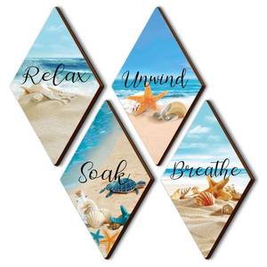 lot 2360 image: Geelin 4 Pcs Ocean Beach Bathroom Decor Summer Blue Ocean Beach Seashell Starfish Bathroom Wooden Hanging Sign Wall Decors Wood Relax Soak Unwind Breathe Coastal Wall Art with Hook for Laundry