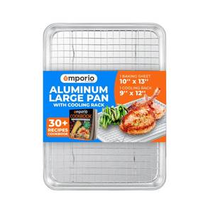 lot 2384 image: Baking Pan Set - 9 x 13 Aluminum Baking Pan with Stainless Steel Cooling Rack Set, PFOA, PFOS, PTFE Free, Recipe Booklet Included, Oven Safe Tray, Resist Heat Up To 500° F, Set of 1