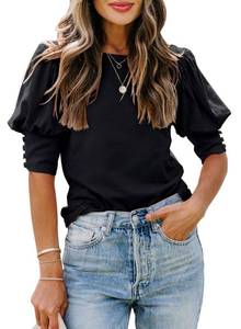 lot 2397 image: Puff Sleeve Shirts for Women Trendy Loose Fit Crewneck Summer Dressy Casual Tops (Black,L)