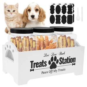 lot 2434 image: KarHoeGern Dog Treat Container for Countertop Dog Food Storage with 3 Plastic Treat Jars Wood Dog Food Container with Handles and Lids Farmhouse Practical Pet Cat Dog Treat Storage Containers (white)