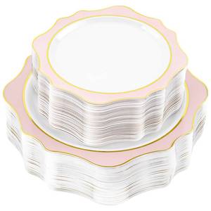 lot 3592 image: realluck 100 PCS White and Pink Disposable Plates for 50 Guests, Scalloped Plastic Plates Include 50 Dinner Plates and 50 Dessert Plates for Party, Wedding and Graduation