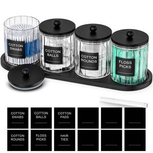 lot 3600 image: masadi 4 Pack Glass Qtip Holder Set with Tray- Bathroom Countertop Set Organizers, Cotton Round Swab Holder Dispenser Cotton Ball Holder, Apothecary Jars with Lids, Floss Pick Containers - ms Black