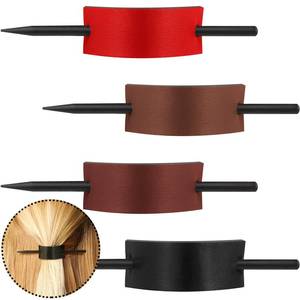 lot 4401 image: 4 Pieces Leather Hair Barrettes with Stick Ponytail Clips - Hair Accessories for Women with Long Hair, 4 Colors (Black, Brown, Wine Red, Red)