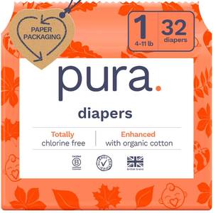 lot 4426 image: Pura Hypoallergenic Diapers, Size 1 (4-11 lbs), Newborn, Totally Chlorine Free, Wetness Indicator, Suitable for Sensitive Skin, Soft Organic Cotton Comfort, Overnight, 1 Pack of 32 Baby Diapers