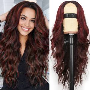 lot 4473 image: AISI HAIR Wig for Women, Long Wavy Brown Mixed Red Lace Hairline Middle Part Synthetic Heat Resistant Wig for Daily Party-26 Inch