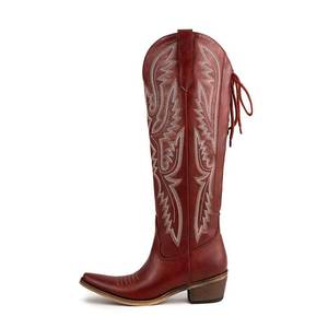 lot 5687 image: Atuelang Red Cowboy Boots for Women Knee High Cowgirl Boots Embroidered Pointed Toe Block Heel Pull-On Lace Up Adjustable Fancy Tall Western Boots Wine Red Size 8.5