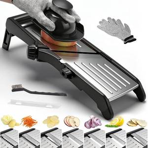 lot 5696 image: Mandoline Food slicer for kitchen, Adjustable Stainless Steel Mandoline Vegetable slicer, Food slicer Onion Potato Chip French Fry, 7 in-1 Adjustable Blade, Including 1 Pair of Gloves