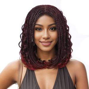 lot 6033 image: POSYTRESS Braided Bob Wig for Black Women - Curly Goddess Box Braids, Synthetic Hair, Burgundy Color, Fake Scalp, Short Bob (14) (#burg)