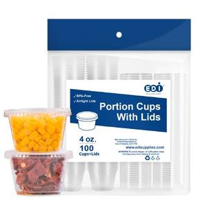 lot 6037 image: EDI 4 OZ, 100 Sets Clear Disposable Plastic Portion Cups with Leakproof Lids for Condiment and Dipping Sauce  Jello ShotSouffle Cups BPA Free  Recyclable
