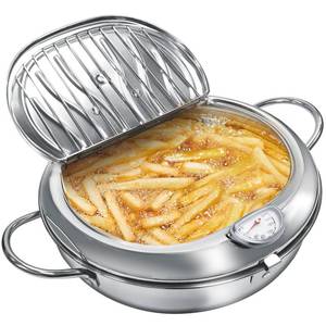 lot 6051 image: Deep Fryer Pot, 4.4Qt 11 Inch Japanese Style Small Deep Fryer 304 Stainless Steel, with Temperature Control and Oil Drip Drainer Rack, Deep Frying Pot with Lid