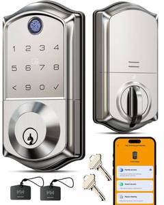 lot 6070 image: Veise VE017 Fingerprint Smart Door Lock, App Control, 8-in-1 Keyless Entry, Auto Lock, Emergency Power Port, Electronic Touchscreen Keypad, Biometric Smart Locks for Front Door, Satin Nickel