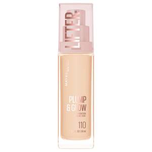 lot 6084 image: Maybelline Lifter Plump & Glow Foundation, Liquid Foundation with 2% Niacinamide  Hyaluronic Acid, Plumping and Brightening Face Makeup, 110, 1 Count