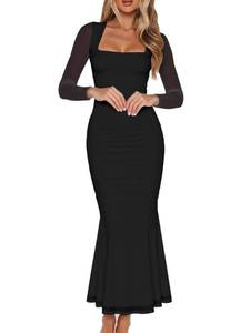 lot 6108 image: BORIFLORS Womens Ruched Bodycon Long Sleeve Maxi Dress Mesh Square Neck Cocktail Party Long Dresses, Large, Black