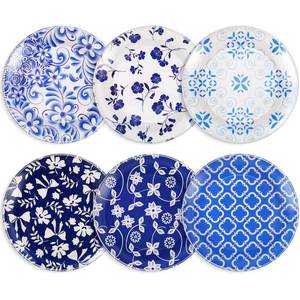 lot 6120 image: Sunnychicc 12 Pcs 10 Inch Blue and White Plastic Plate Floral Thickened Blue White Serving Dishes Vintage Heavy Duty Platters Reusable for Dinner Salad Dessert Appetizer, Microwave and Dishwasher Safe