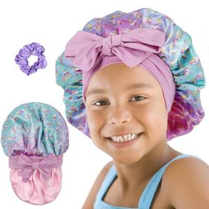 lot 6135 image: SAYMRE Kids Bonnet for Girls, Silk Bonnets for Kids Boys, Double Layer Satin Bonnet Sleep Cap for Child Curly Hair(3-12Y) (Rainbow Cyan)