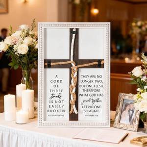 lot 6136 image: Farmhouse A Cord of Three Strands Wedding Ceremony Sign with Wooden Bead and Hanging Hook, Vintage Rustic Wood Unity Cross for Wedding Ceremony, 11 X 15 Religious Christian Wall Decor Gift for Couple