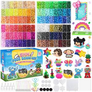 lot 9821 image: Zefy Fuse Beads Kit 92 Colors 19200 Pcs Melting Beads 5mm, Including 124 Patterns, 6 Pegboards, Ironing Paper, Tweezers & Hooks, Home School Arts and Crafts for Kids, Toys Gifts for Girls and Boys