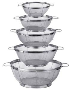lot 9822 image: 5 Pack 188 Stainless Steel Colander Sieves, Multi Size Mesh Strainer Net Baskets with Handles & Resting Base for Strain, Drain, Rinse or Steam