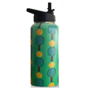 lot 9838 image: 32oz Pickleball Water Bottle Insulated Vacuum Stainless Steel Tumbler Travel Mugs With Straw for Game Sport,Pickleball Accessories