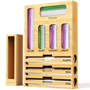 lot 9842 image: NIKUY 9 IN 1 Bamboo Foil and Plastic Wrap Organizer for Kitchen Drawer, Plastic Bag Organizer Organization and Storage, Food Storage Bag Organizer with Labels for Quart Gallon Snack Sandwich Bag