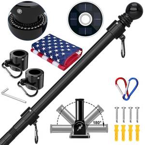 lot 9849 image: ZMTECH 5FT Flag Pole Kit with Solar Light and Embroidered American Flag, Adjustable Bracket and Upgraded Tangle-Free Ring 1 Stainless Steel Flagpole for Day and Night, Residential, Commercial, Black