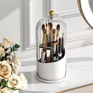 lot 9851 image: GAXmi Makeup Brush Holder with Lid Cosmetic Tools Organizer 360 Rotating Waterproof Dustproof Beauty Brushes Storage for Vanity, Transparent