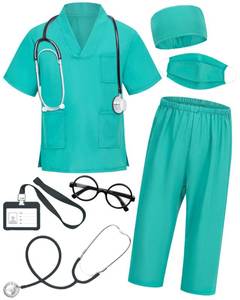 lot 10165 image: ICECUTE Doctor Scrubs for Kids,7 Pcs Scrubs Costume with Accessories,Halloween Costume for Boy Girls,3-11 Years (Green, 5-6T)