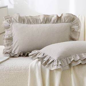 lot 10173 image: Aryeleay 2 Pack Brown White Plaid Gingham Ruffle Pillow Shams, 100% Washed Cotton Checkered Farmhouse Pillow Covers for BedSofa-12x20