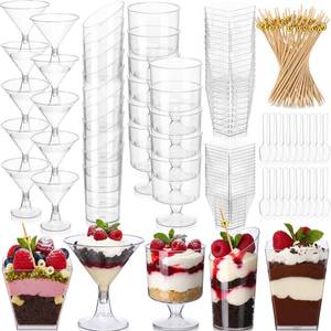 lot 11517 image: Acellegic 150 Pcs Plastic Dessert Cups with Spoons and Toothpicks, 2 to 5 oz 5 Styles Clear Mini Appetizer Cups Disposable for Serving Fruit Trifle Ice Cream Pudding Weddings Party (Clear, Basic) (Used)