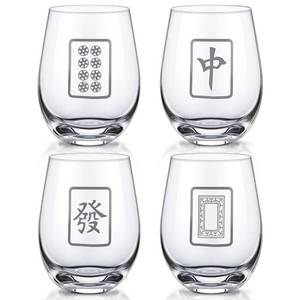 lot 11536 image: LemonRoad 4 Pcs Mahjong Wine Glasses Funny Mah Jong Party Supplies for Night, Gifts for Mahjong Lovers, Birthday Party Decorations & Family Play Day (Stemless Glass,17 oz)