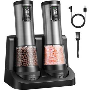 lot 11539 image: Electric Salt and Pepper Grinder Set - Ceramic Grinder Automatic Pepper Mills with Battery Display Rechargeable Base, Stainless Steel Salt Shakers with 5 Level Adjustable Coarseness for Modern Kitchen