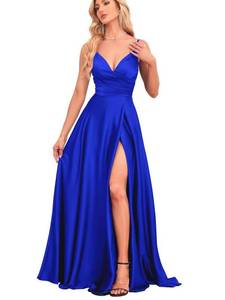 lot 11544 image: IIF V Neck Bridesmaid Dresses Long with Slit A-line Prom Dresses for Women Satin Evening Party Gowns with Pockets US Size 4 Royal Blue IIF023