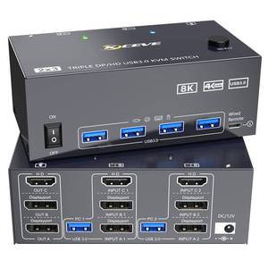 lot 11550 image: 8K KVM Switch 3 Monitors 2 Computers 8K60Hz 4K144Hz,3 Monitors KVM Switch for 2 Computers Sharing Triple Monitors,Keyboard,Mouse,Printer with 2USB3.0 Cables,Power Adapter and Controller